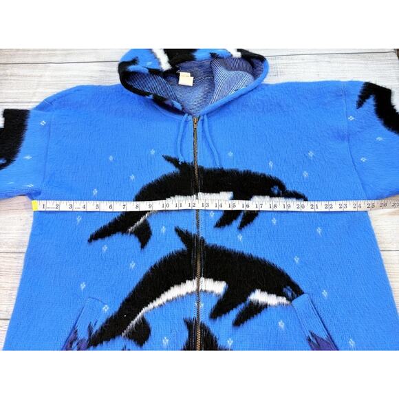 Vintage Tejidos Ruminahui Orca All Over Print Blue Wool Jacket Full Zip Size L - Picture 3 of 7